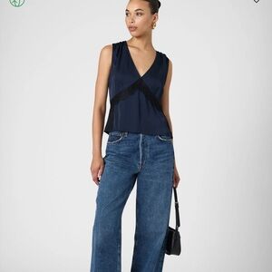 Stylish Navy Sleeveless Top with Black Lace Detail French Connection NWT S